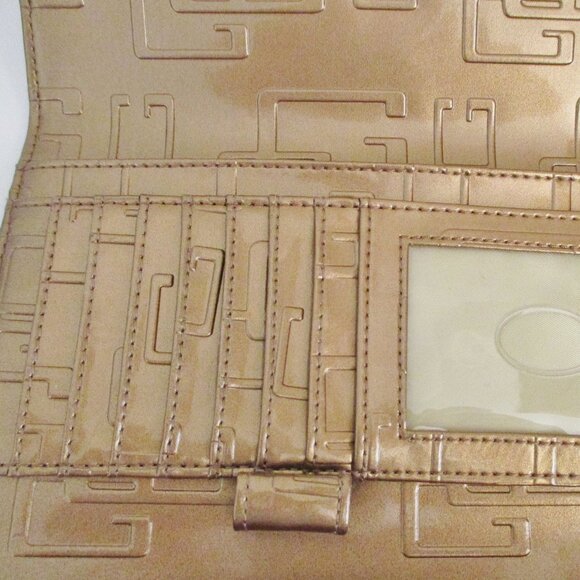 Guess Women's Tri-Fold Checkbook Wallet, Logo World SLG, Gold, G w/Rhinestones - Picture 5 of 12